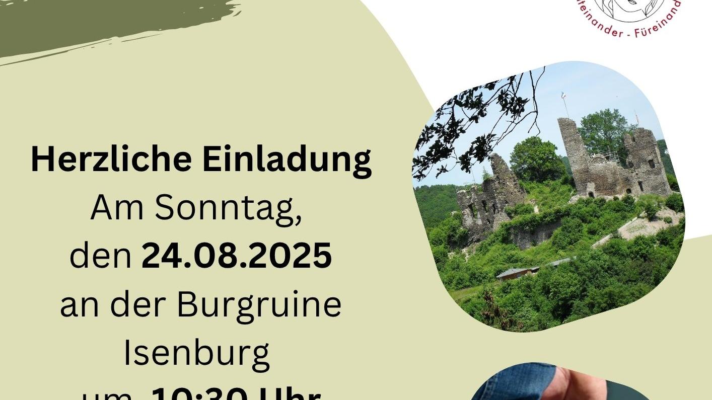 Plakat zum ökumenischen Gottesdienst, illustriert mit zwei Bildern: Burgruine Isenburg und ein Jagdhorn in einer Hand.