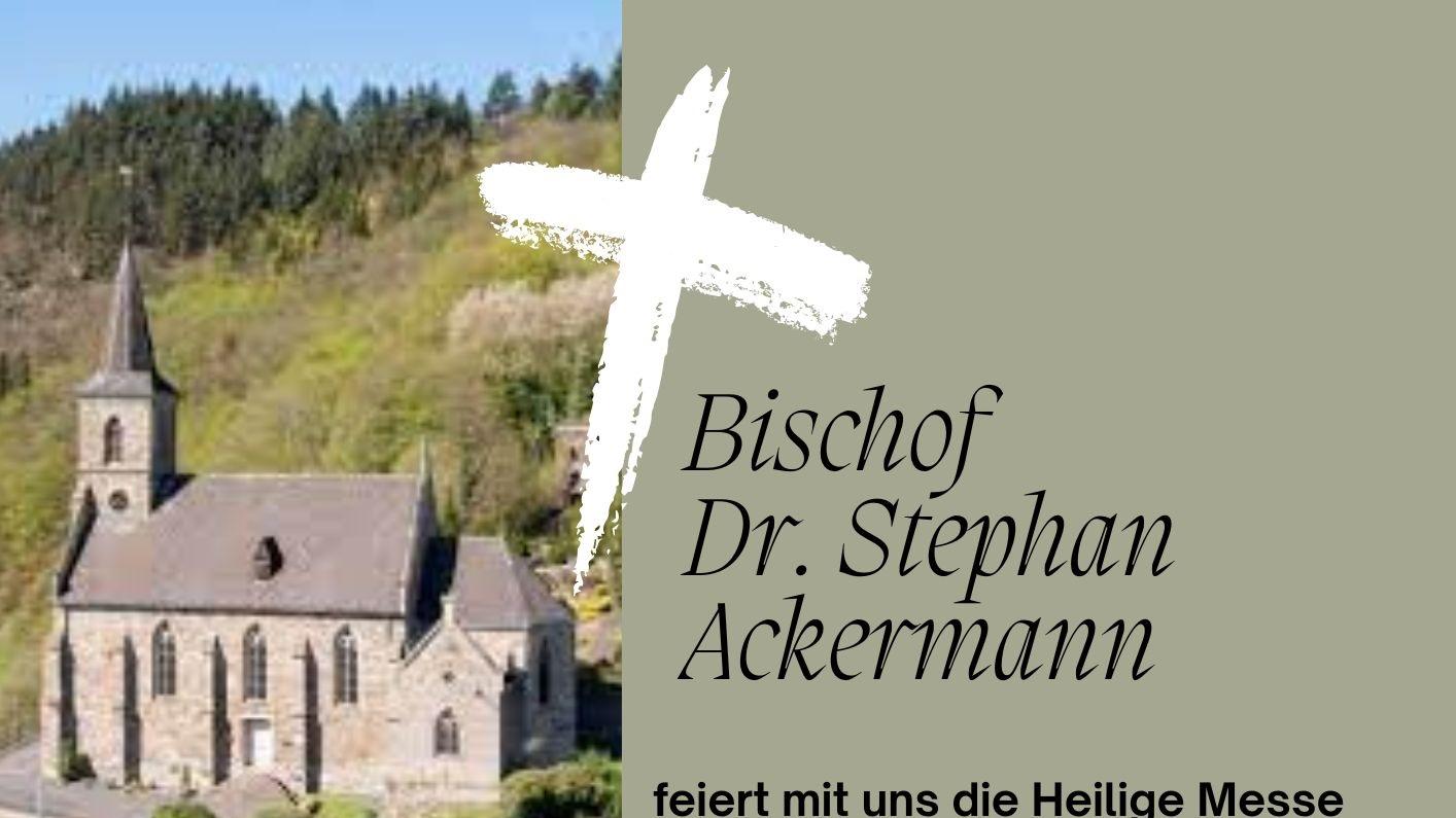 Plakat mit jeweils einem Bild der Kirche St. Katharina in Isenburg und des Bischofs Ackermann