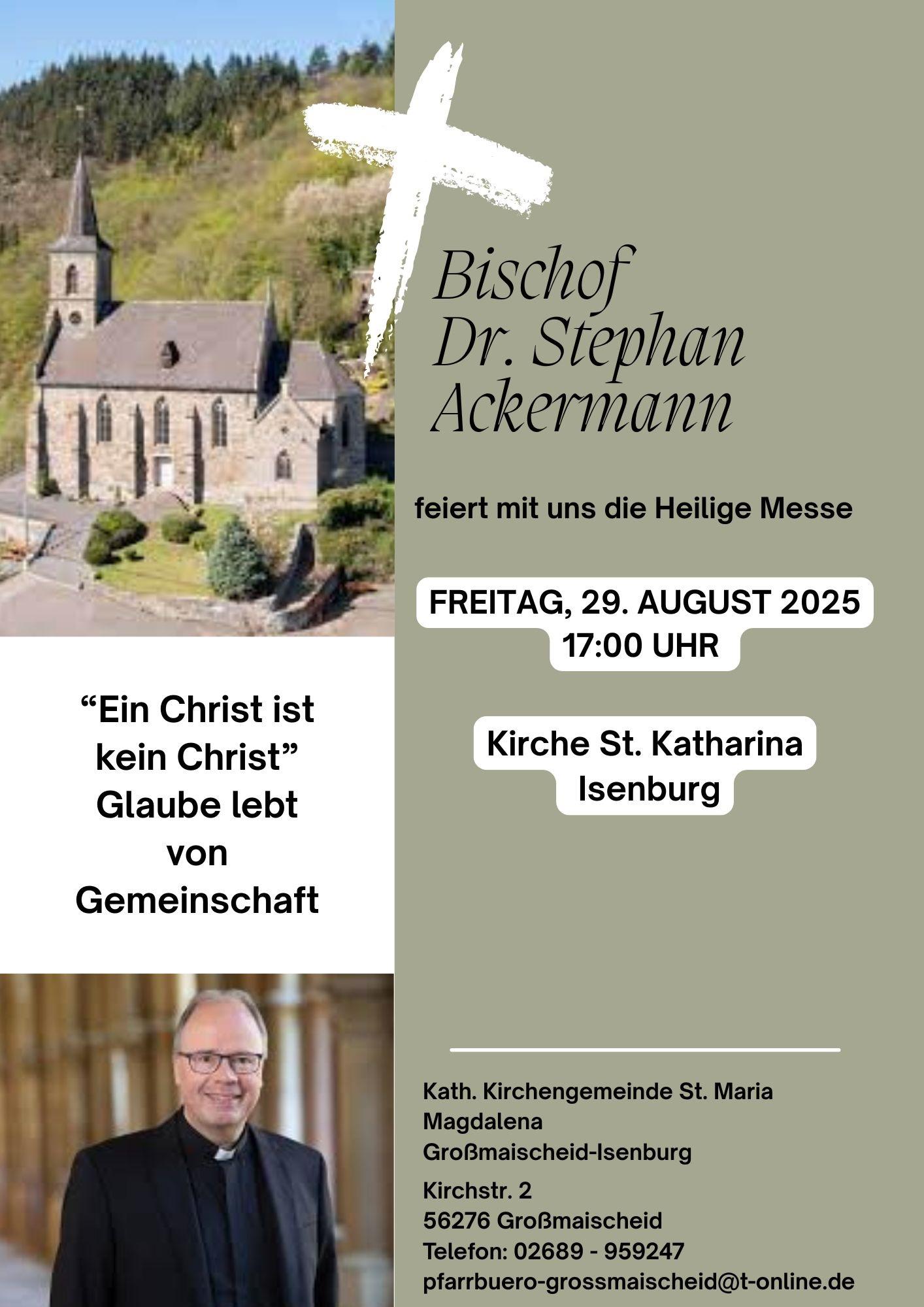 Plakat mit jeweils einem Bild der Kirche St. Katharina in Isenburg und des Bischofs Ackermann