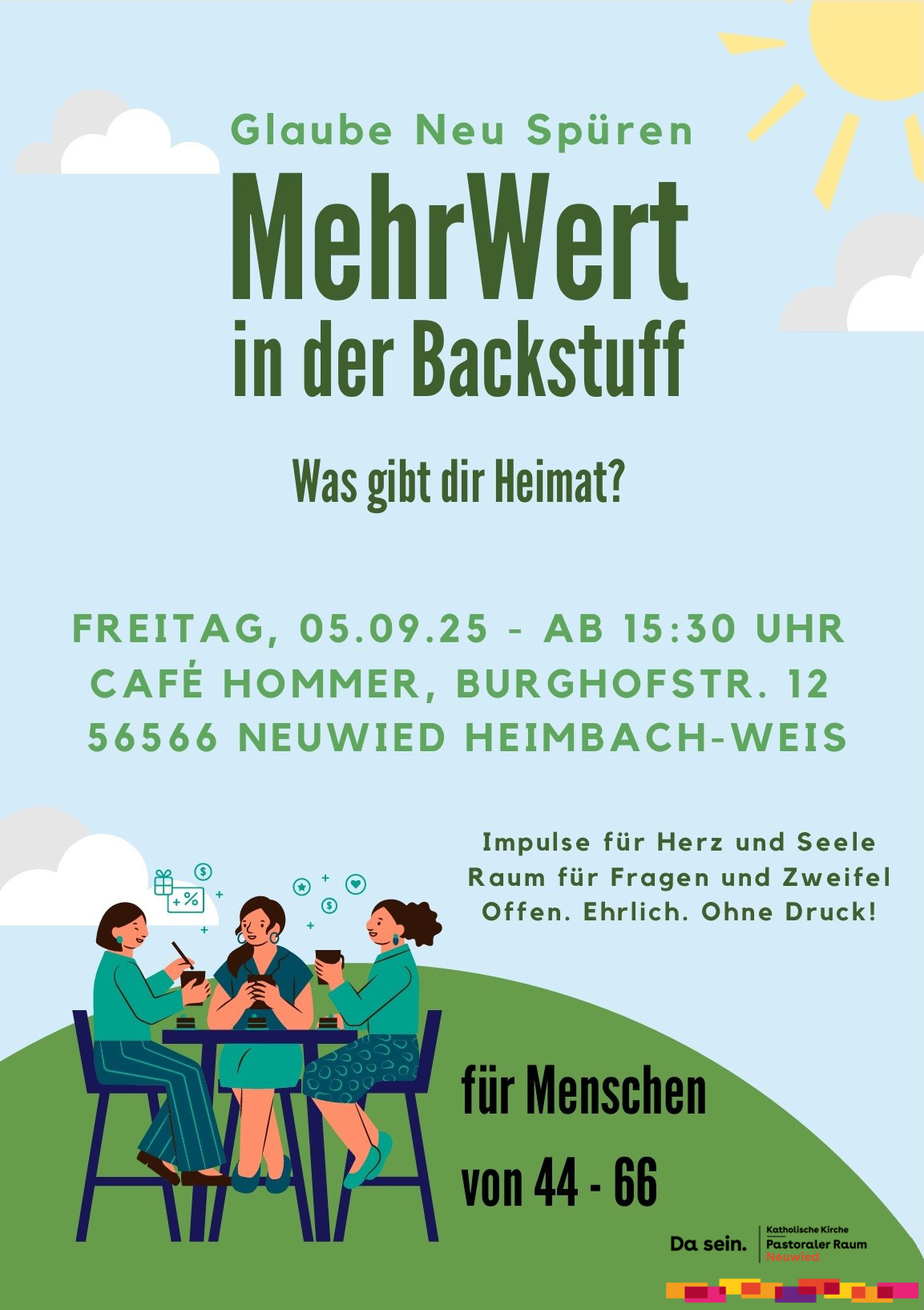 Drei Frauen sitzen auf dem Comicartigen Plakat an einem Tisch und tauschen sich aus.