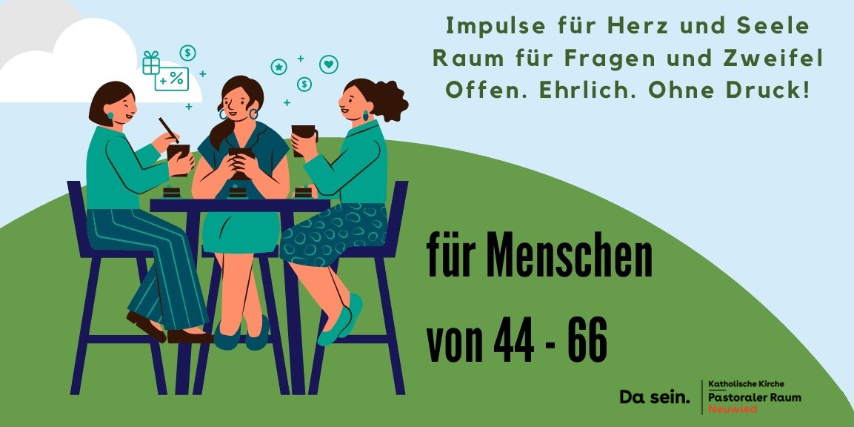 Drei Frauen sitzen auf dem Comicartigen Plakat an einem Tisch und tauschen sich aus.