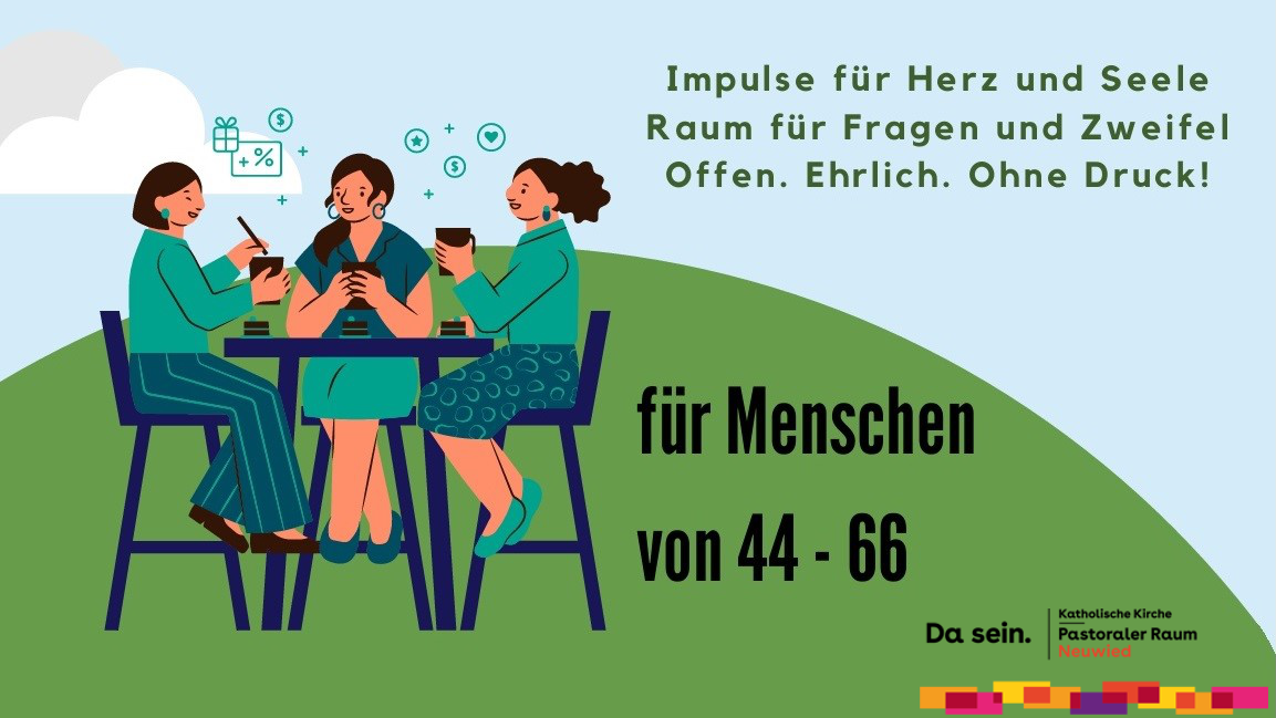 Drei Frauen sitzen auf dem Comicartigen Plakat an einem Tisch und tauschen sich aus.