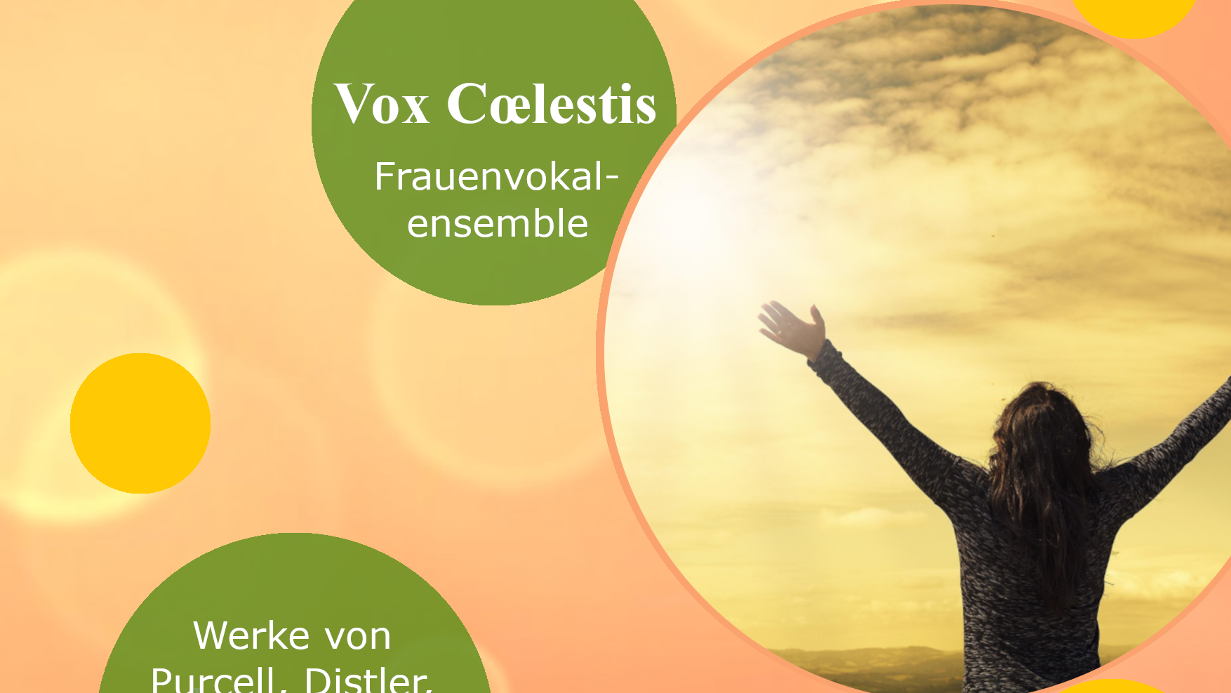 Das Plakat ist in orangefarbenen Tönen mit zwei grünen Kreisen gestaltet und zeigt auch ein Bild einer Frau, die die Arme gen Himmel streckt.