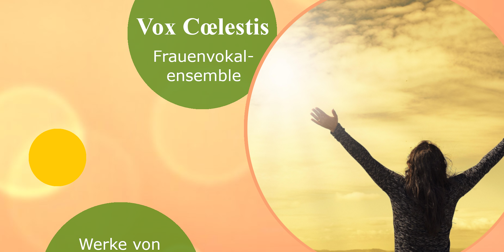 Das Plakat ist in orangefarbenen Tönen mit zwei grünen Kreisen gestaltet und zeigt auch ein Bild einer Frau, die die Arme gen Himmel streckt.