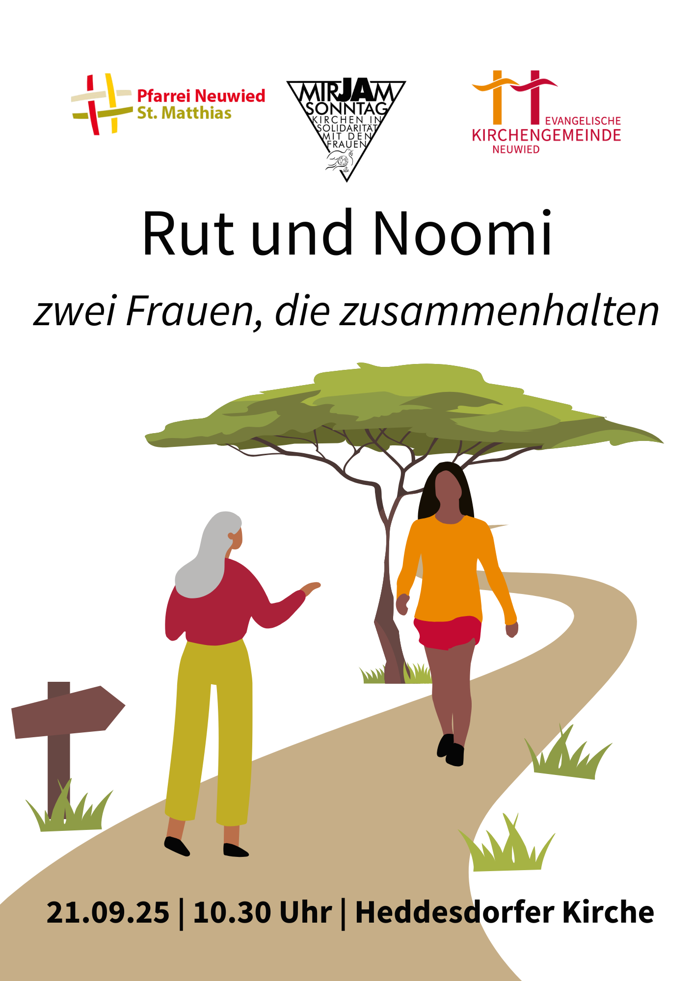 Bild im Comicstil: Eine ältere und eine jüngere Frau begegnen sich auf einem Weg.
