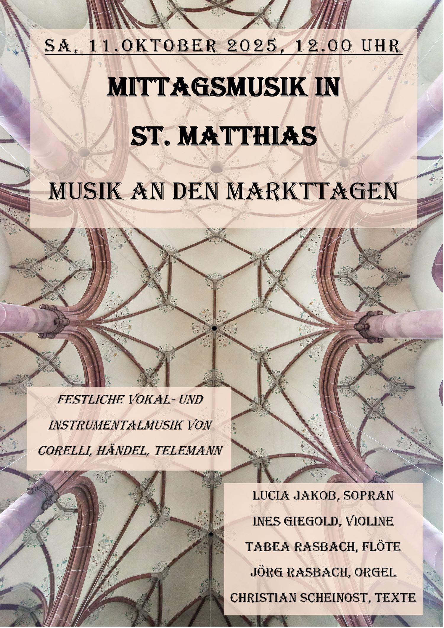 Das Hintergrundbild zeigt das Kreuzrippengewölbe der Innendecke der Kirche St. Matthias in Neuwied.