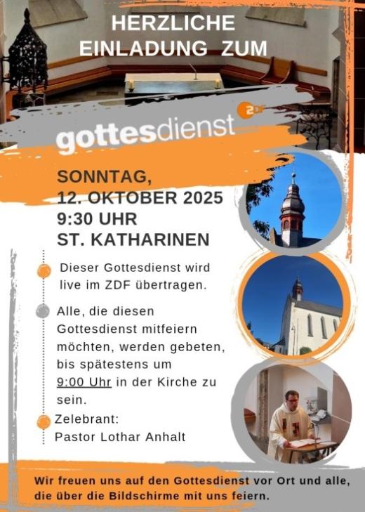Das Plakat zeigt u. a. Fotos des Altarraumes und die Außenansicht der Kirche St. Katharinen in St. Katharinen, sowie Pfarrer Lothar Anhalt am Ambo.