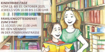 Auf einer farbigen Zeichnung stehen eine junge Frau und ein Kind mit Bücher in den Händen in einem Raum voller Bücherregale.
