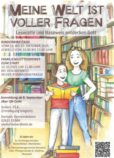 Auf einer farbigen Zeichnung stehen eine junge Frau und ein Kind mit Bücher in den Händen in einem Raum voller Bücherregale.