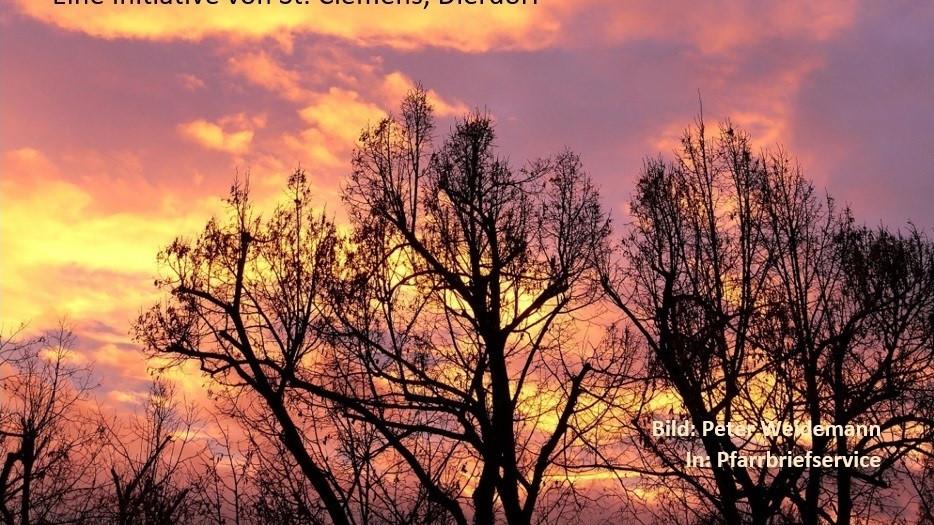 Blattlose Bäume ragen in den gelb-violett gefärbten Himmel. Dieses Bild bildet den Hintergrund für den Plakattext.