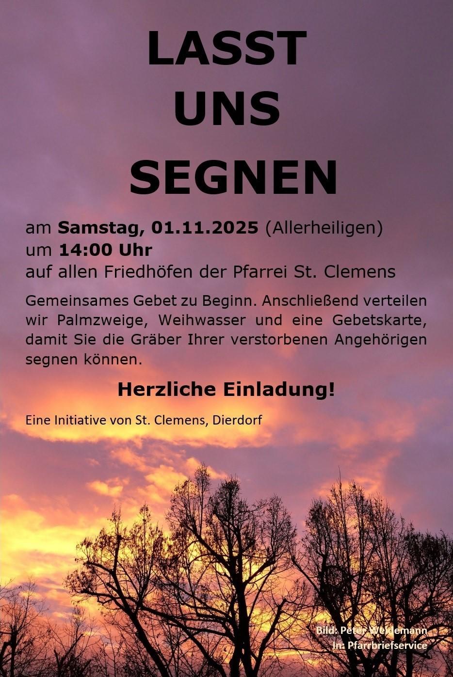 Blattlose Bäume ragen in den gelb-violett gefärbten Himmel. Dieses Bild bildet den Hintergrund für den Plakattext.