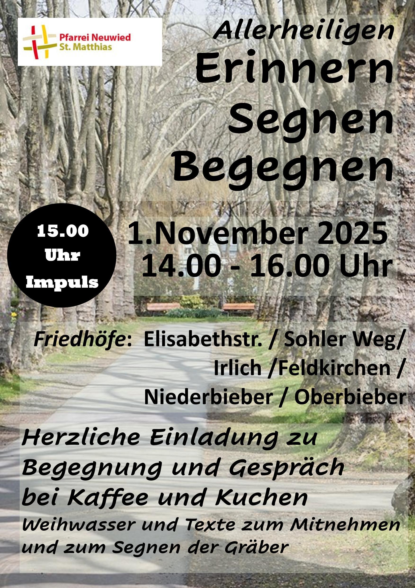 Das Hintergrundbild zeigt einen Weg auf dem Friedhof an der Elisabethstraße in Neuwied, der durch eine Allee alter Bäume auf zwei Bänke zuführt.