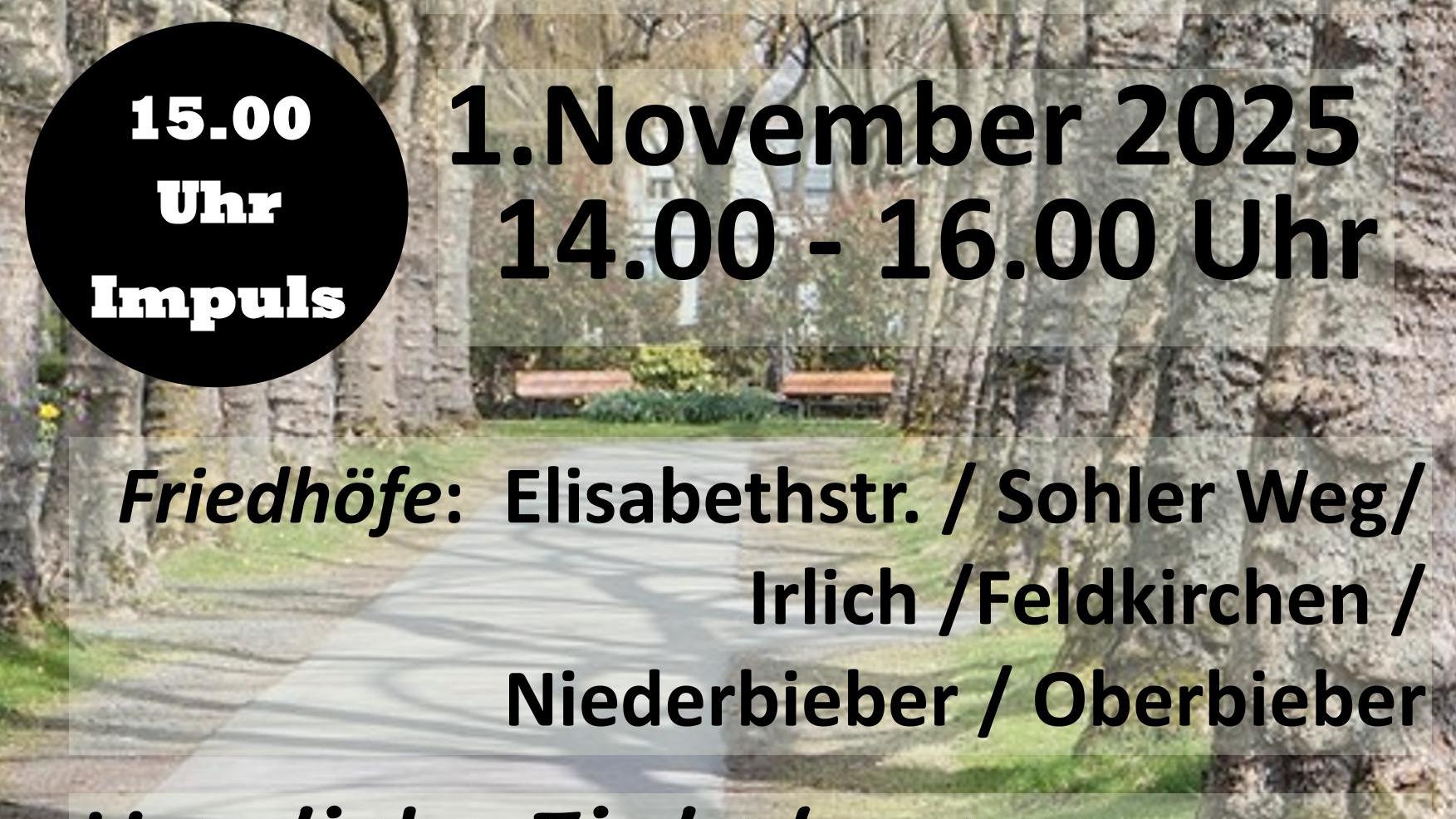 Das Hintergrundbild zeigt einen Weg auf dem Friedhof an der Elisabethstraße in Neuwied, der durch eine Allee alter Bäume auf zwei Bänke zuführt.