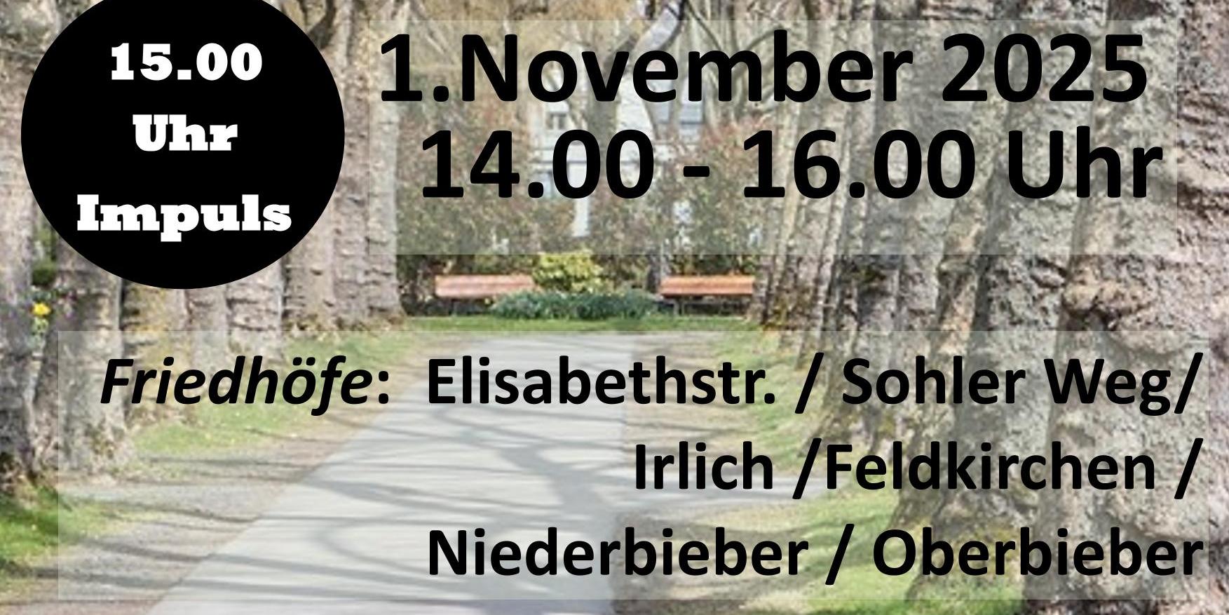 Das Hintergrundbild zeigt einen Weg auf dem Friedhof an der Elisabethstraße in Neuwied, der durch eine Allee alter Bäume auf zwei Bänke zuführt.