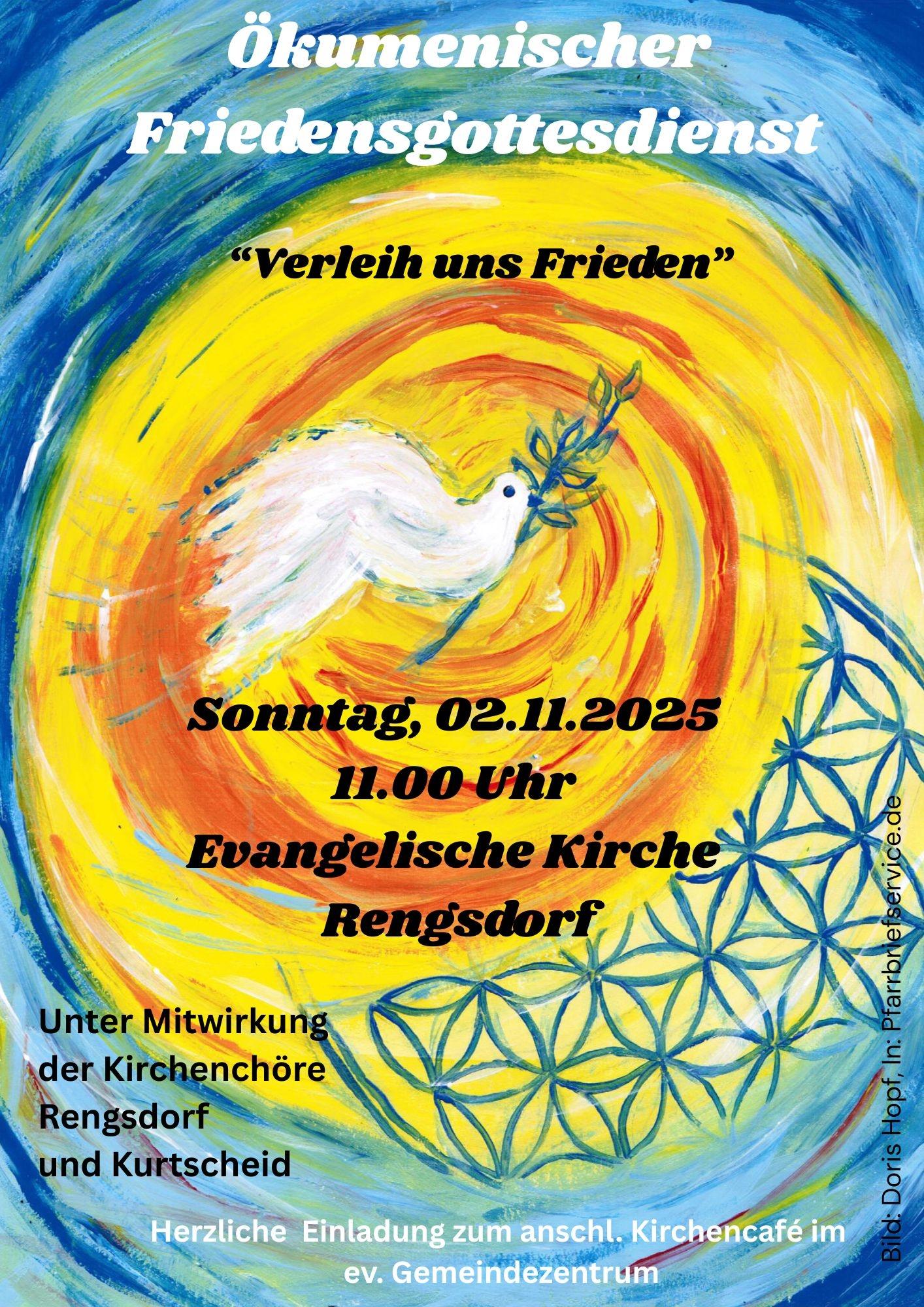 Der Hintergrund des mit Text gefüllten Plakates zeigt eine mit Ölfarbe gemalte weiße Taube, mit Zweig im Schnabel, vor einem in Kreisen gestalteten Welt, in der Mitte orange-rot-gelb nach außen hin hellblau-blau.