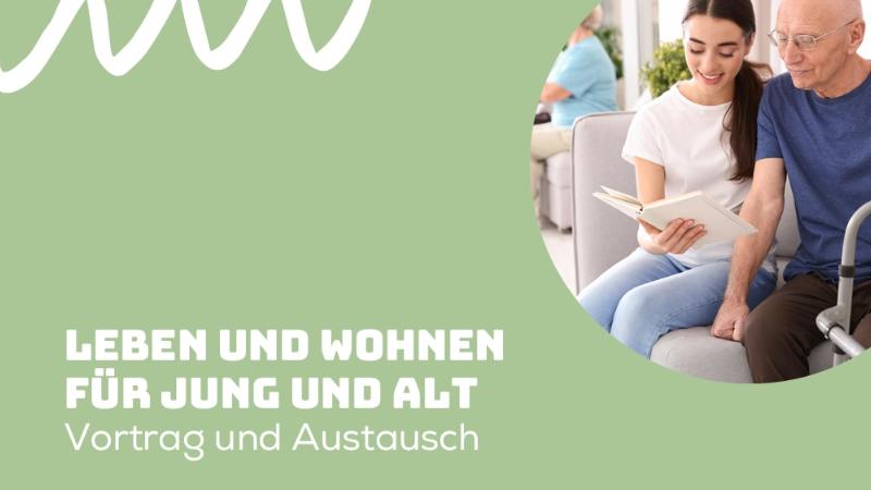 Eine junge Frau und ein älterer Mann, der sich an einer Gehhilfe festhält, lesen in einem Buch.