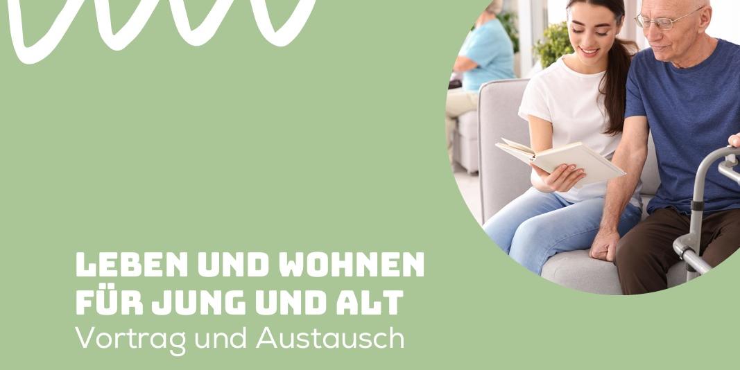 Eine junge Frau und ein älterer Mann, der sich an einer Gehhilfe festhält, lesen in einem Buch.