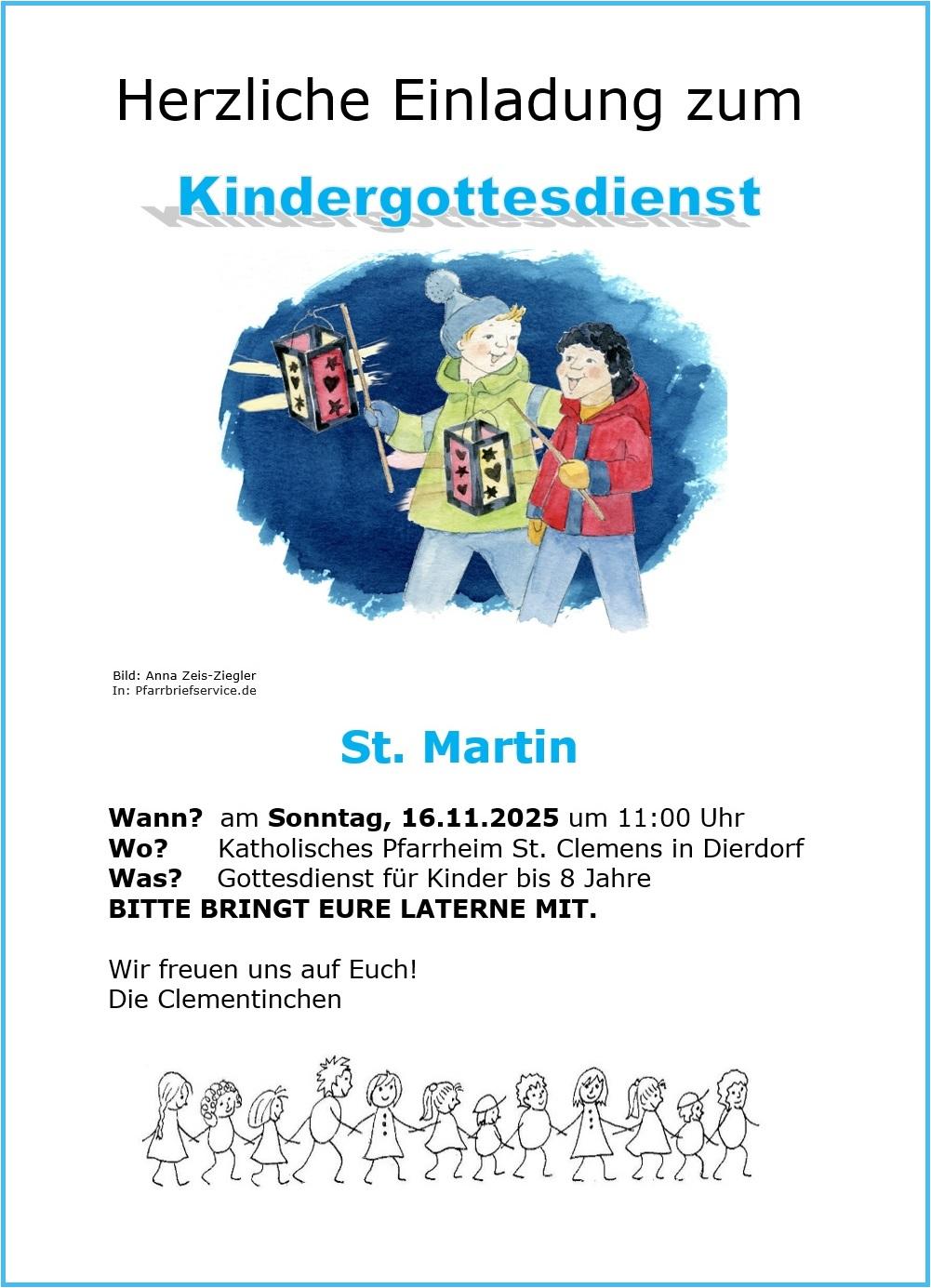 Das Plakat ist mit einer einer bunten, gezeichneten Grafik mit zwei singenden Kindern, die jeweils eine Laterne tragen, gestaltet.