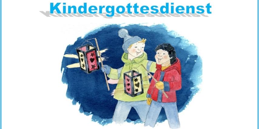 Das Plakat ist mit einer einer bunten, gezeichneten Grafik mit zwei singenden Kindern, die jeweils eine Laterne tragen, gestaltet.