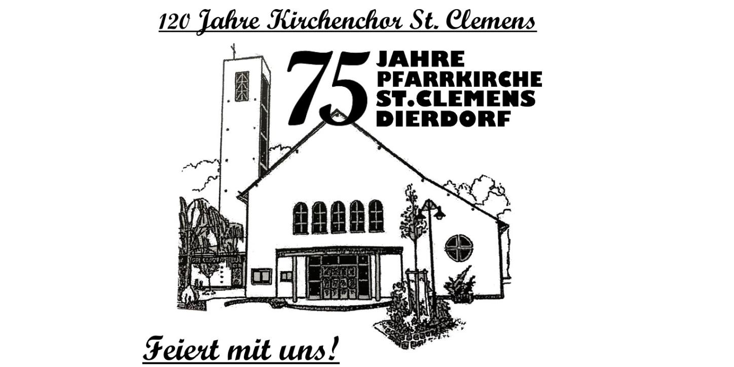 Ausschnitt des Plakates in schwarz auf weiß mit einer Strichzeichnung der Pfarrkirche St. Clemens in Dierdorf
