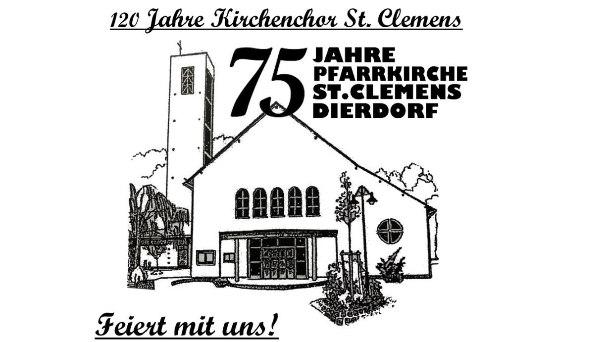 Ausschnitt des Plakates in schwarz auf weiß mit einer Strichzeichnung der Pfarrkirche St. Clemens in Dierdorf