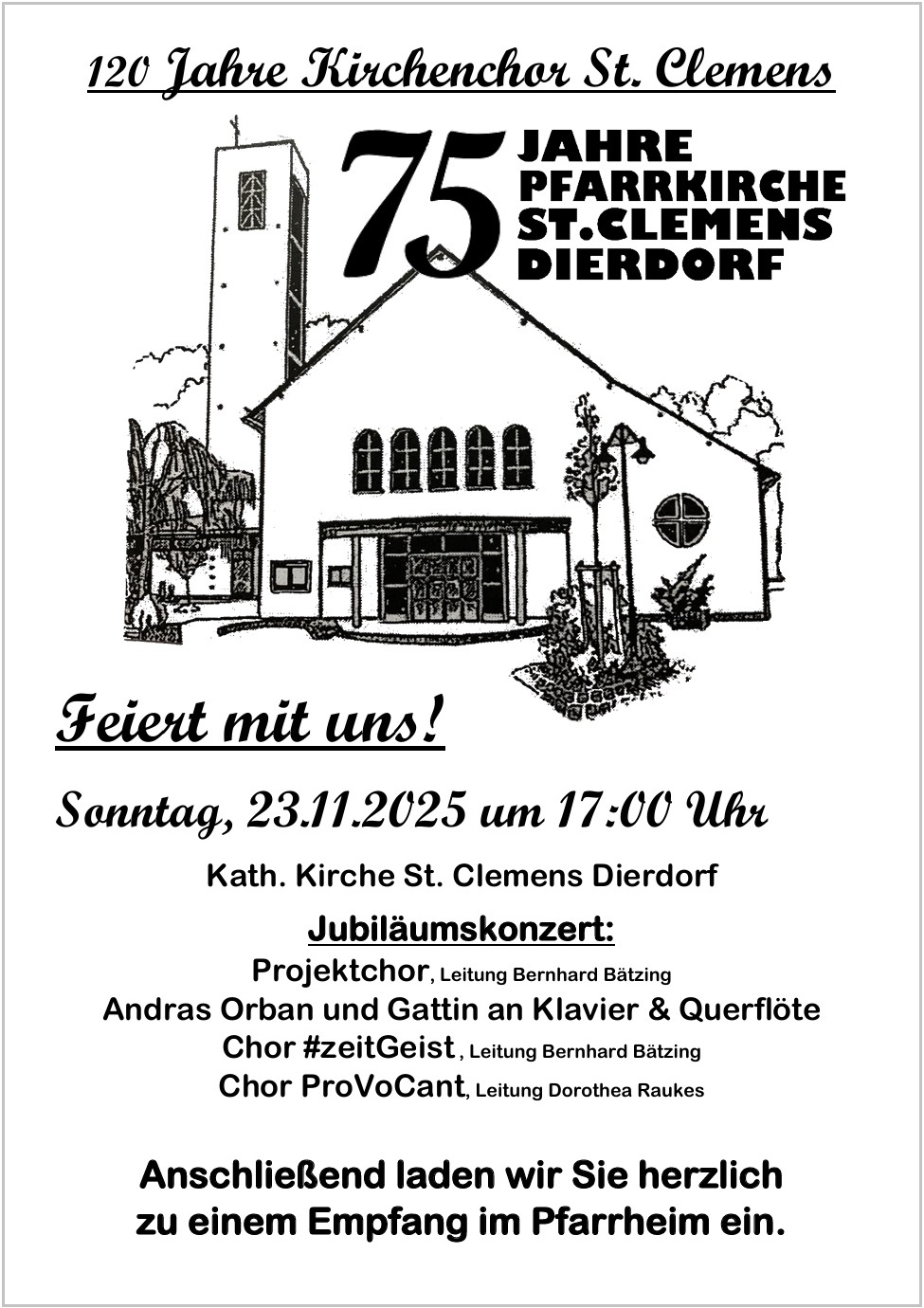 Das Plakat in schwarz auf weiß zeigt eine Strichzeichnung der Pfarrkirche St. Clemens in Dierdorf.