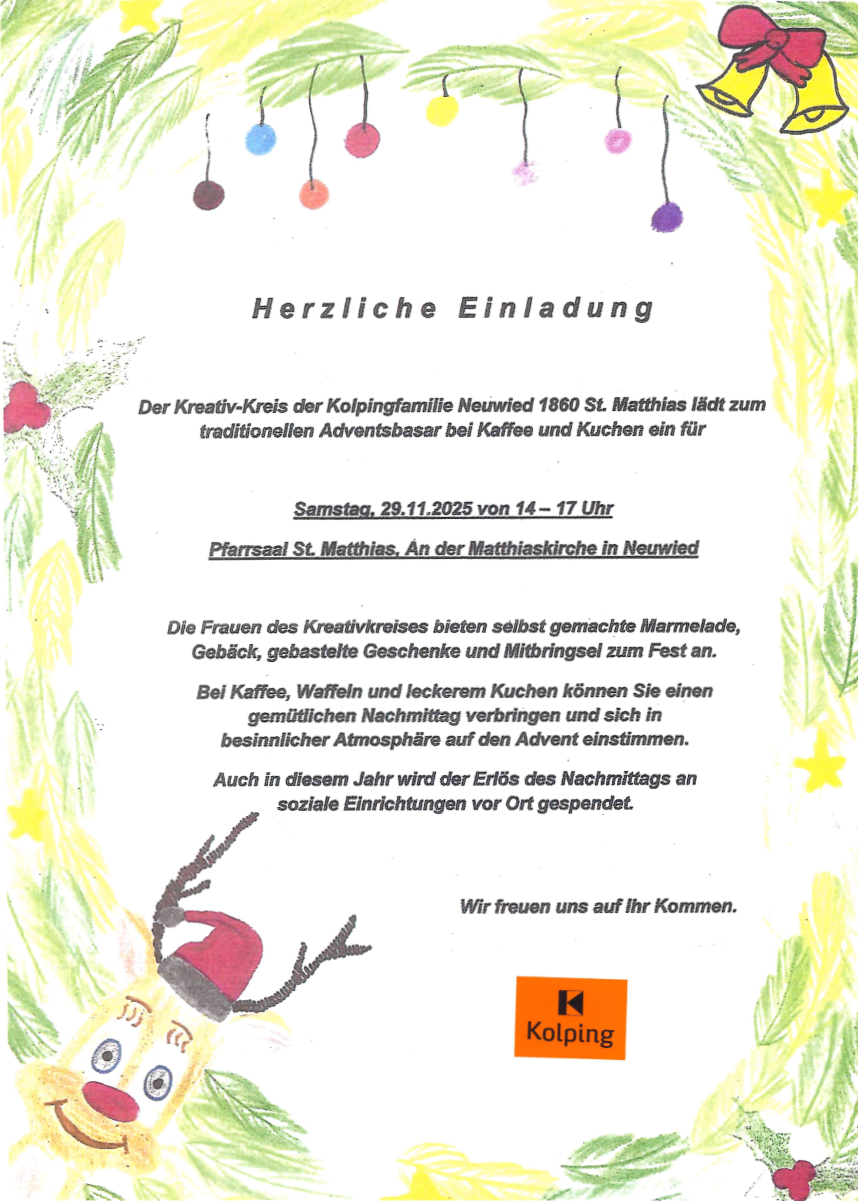 Die mit Buntstiften gemalte Plakatumrandung zeigt Tannenzweige, einen Rentierkopf, Weihnachtsbaumkugeln und Glocken.