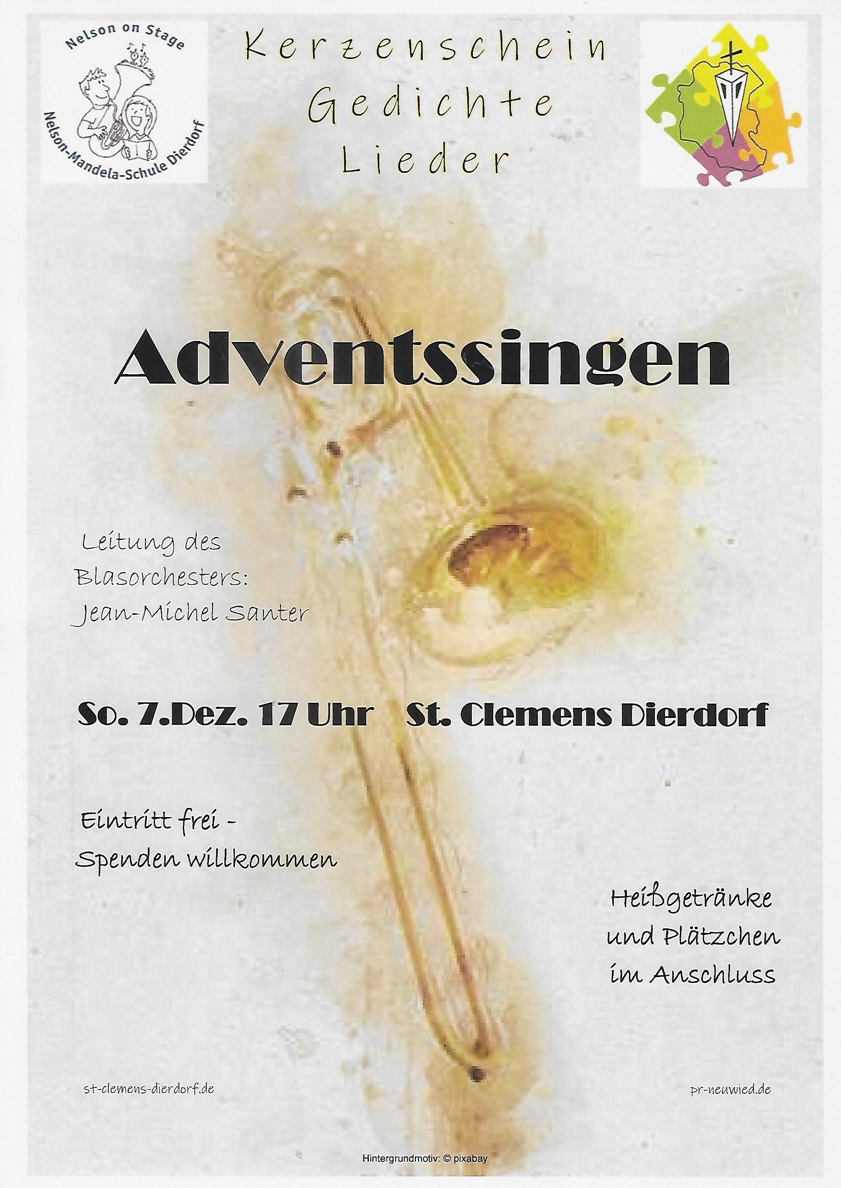 Den Hintergrund des Plakates bildet die Zeichnung einer goldfarbenen Posaune.