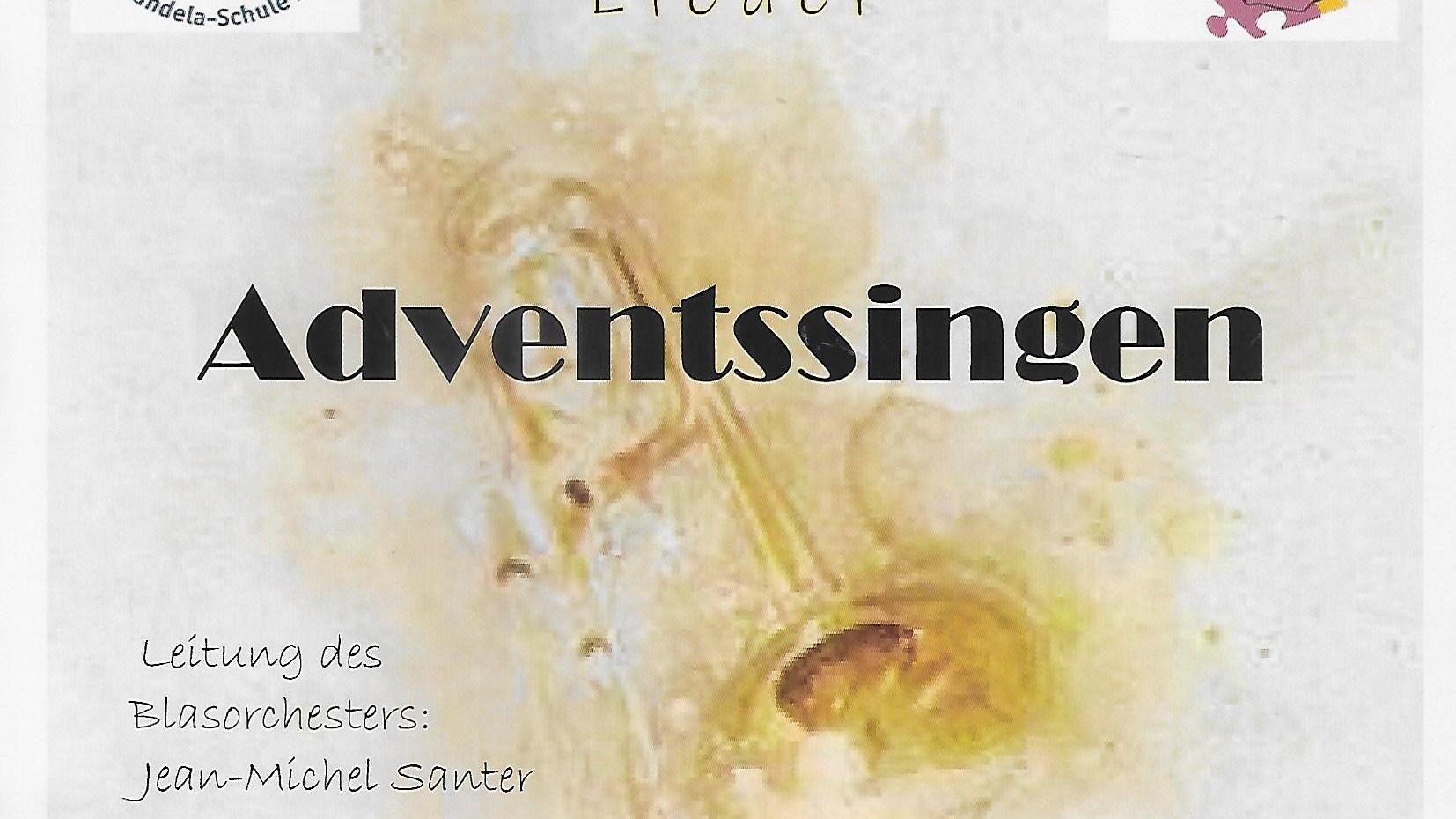 Den Hintergrund des Plakates bildet die Zeichnung einer goldfarbenen Posaune.