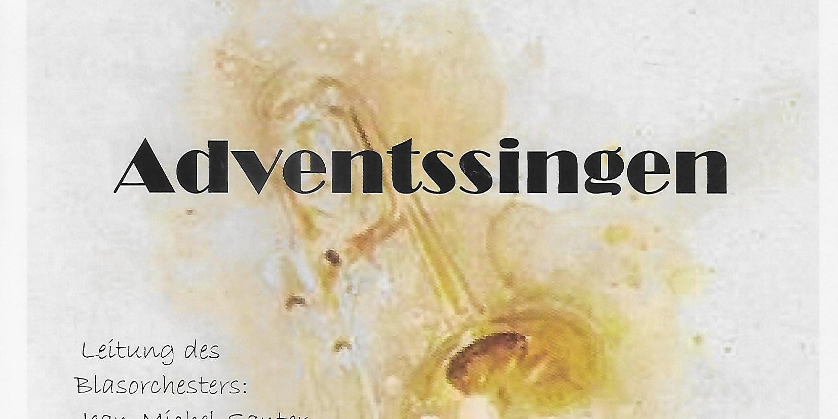 Den Hintergrund des Plakates bildet die Zeichnung einer goldfarbenen Posaune.