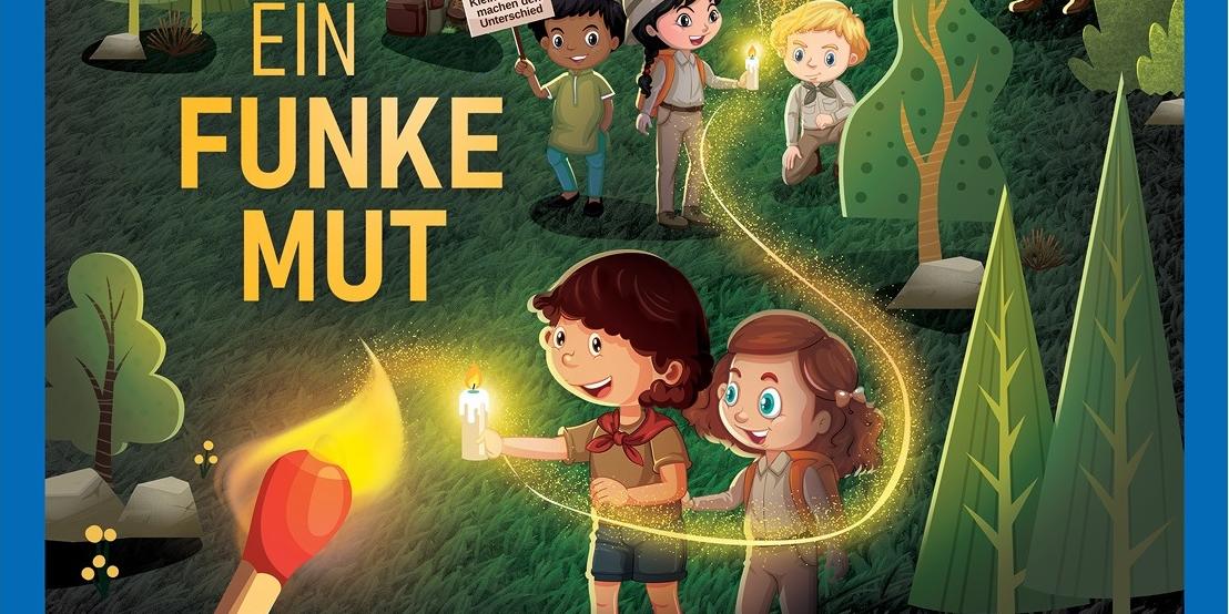 Die comicartige Zeichnung zeigt viele Kinder in Pfadfinderkluft aus verschiedenen Kulturen, die das Friedenslicht - in der Natur - begeistert weiterreichen.