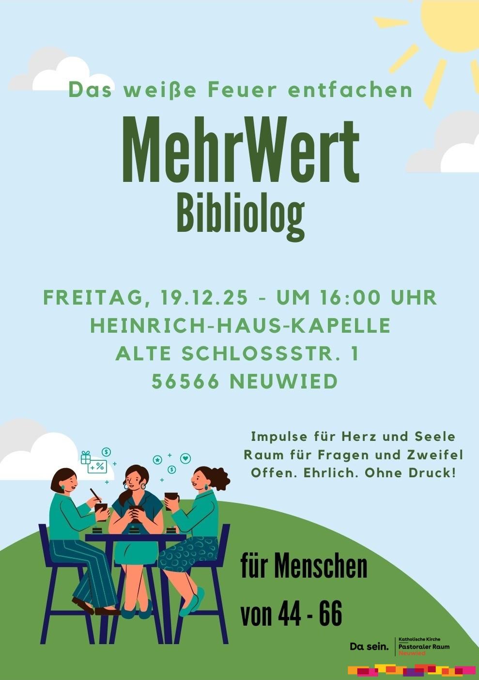 Den Hintergrund bildet eine Comicartige Zeichnung, die drei Frauen zeigt, die auf Hochstühlen bei strahlendem Sonnenschein an einem Tisch auf einer Wiese sitzen und sich unterhalten.