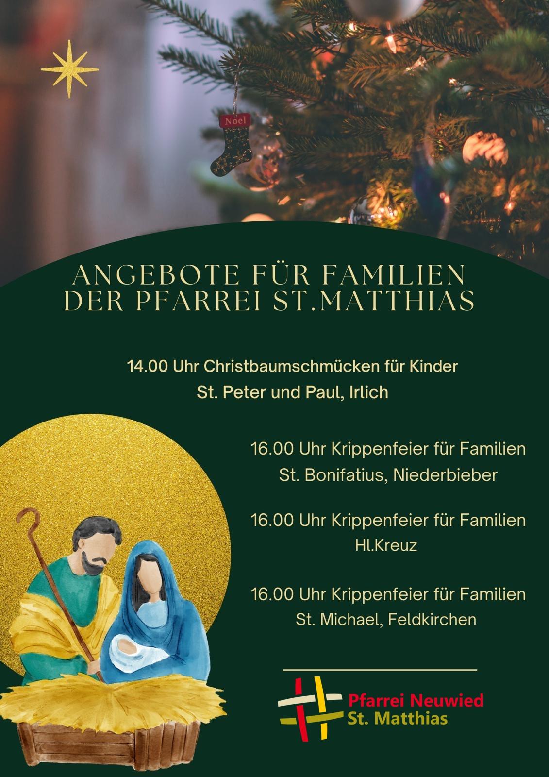 Ein Bild zeigt einen Ausschnitt eines Weihnachtsbaumes mit Kugeln und weiterem Schmuck, ein weiteres eine Grafik der Heiligen Familie.