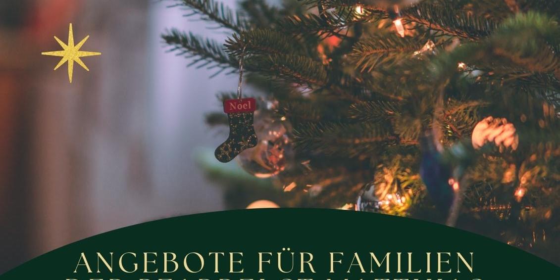 Ein Bild zeigt einen Ausschnitt eines Weihnachtsbaumes mit Kugeln und weiterem Schmuck, ein weiteres eine Grafik der Heiligen Familie.