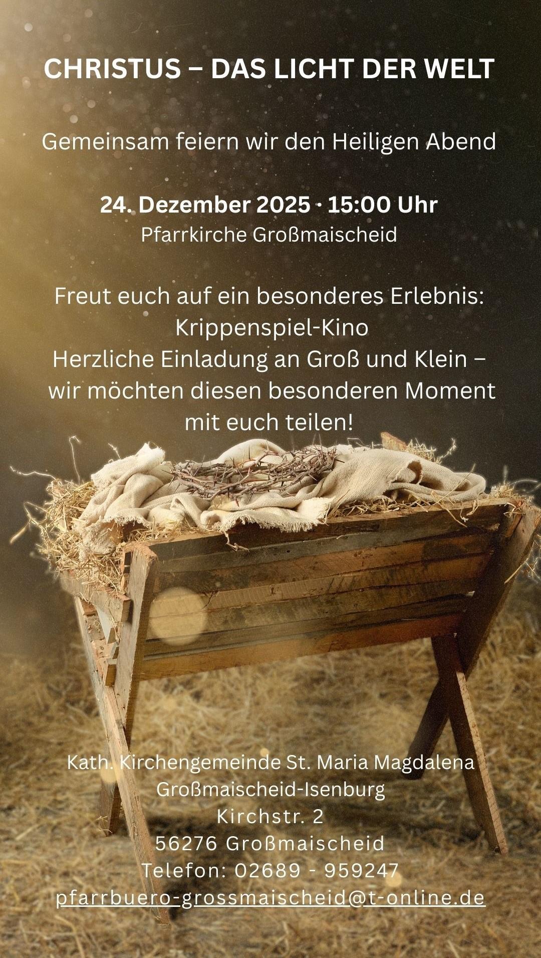 Das Hintergrundbild des Plakates zeigt eine eine Futterkrippe aus Dachlatten. Auf dem Heu liegt ein Windeltuch und darauf eine Dornenkrone.