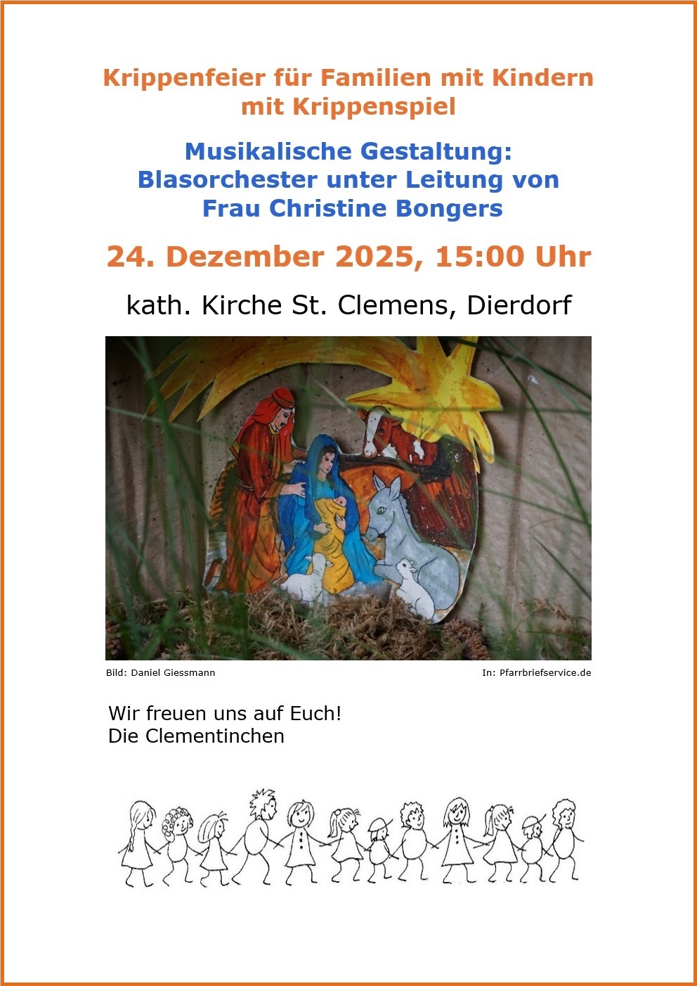Eine colorierte Krippendarstellung mit Josef, Maria, Jesus-Baby, Ochs, Esel, zwei Schafen und dem Weihnachtsstern ist hinter Grashalmen vor Betonsteinen zu sehen.