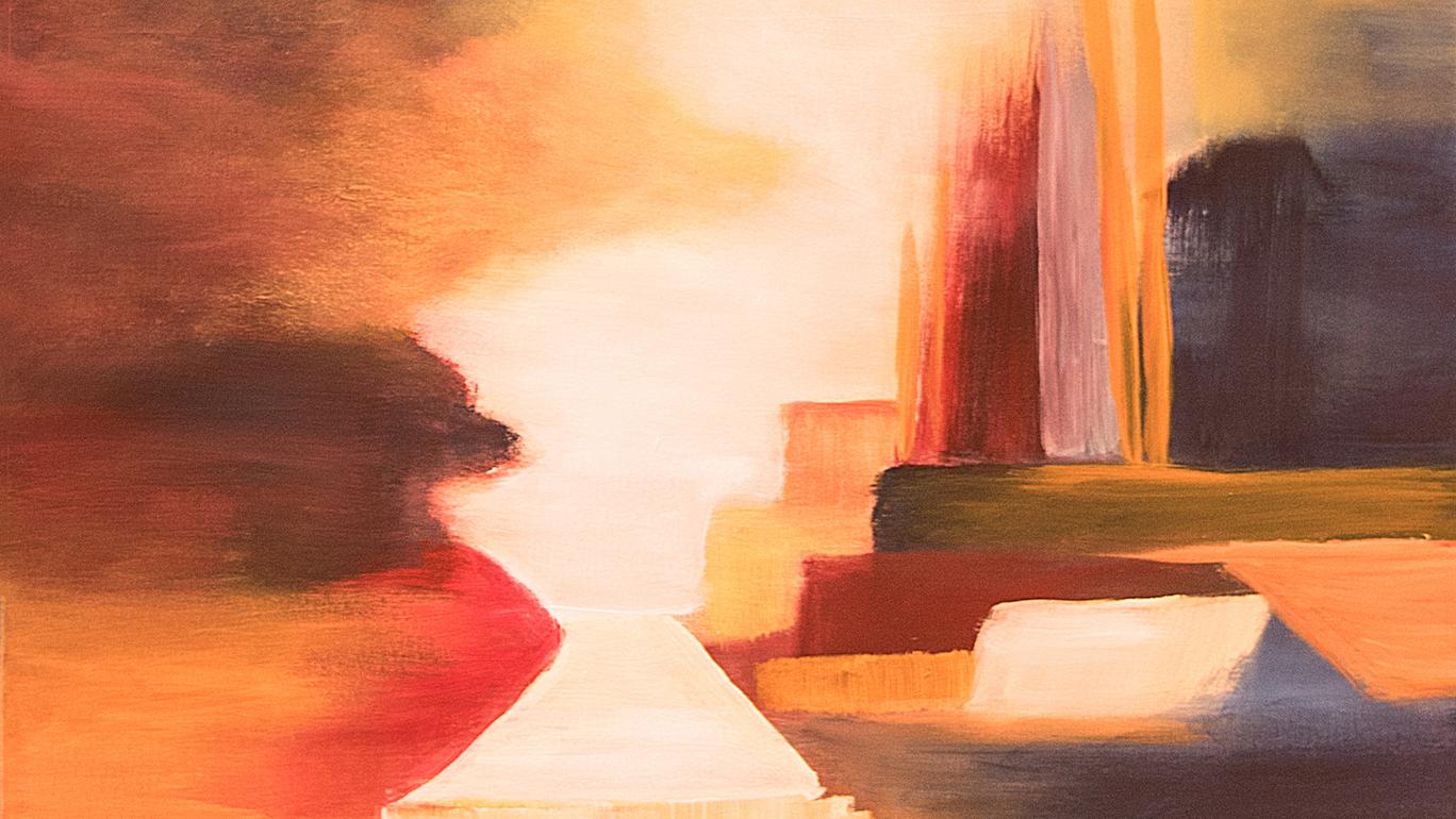 Das Gemälde, in rot-braunen Tönen von Christian Belz gemalt, lässt Häuser und eine Treppe mit anschließendem Weg erahnen, der auf ein helles Licht zuführt.