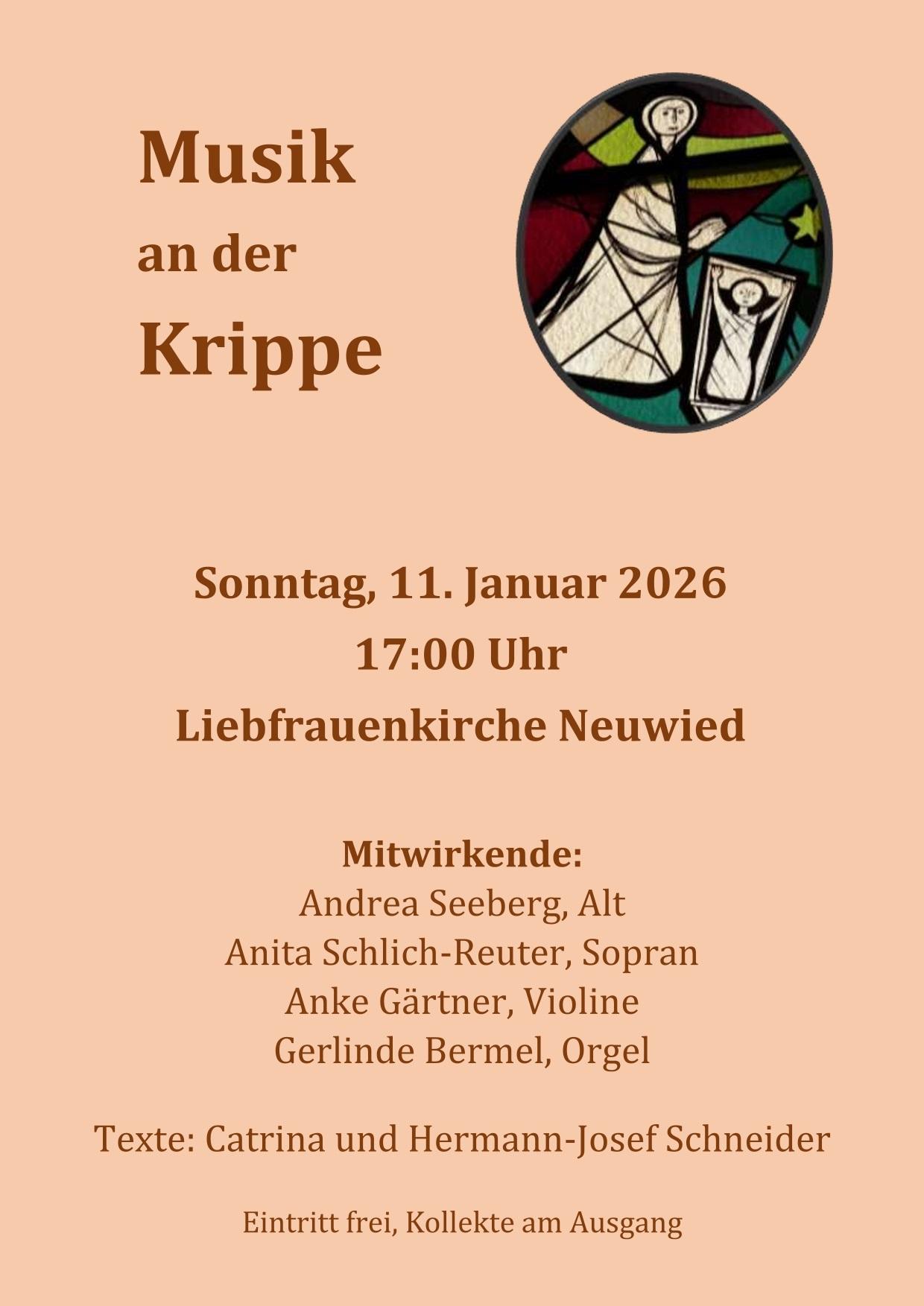 Das in Hauttönen gefärbte Plakat enthält neben den Daten auch eine kirchfensterähnliche Abbildung von Maria und Jesus in der Krippe.