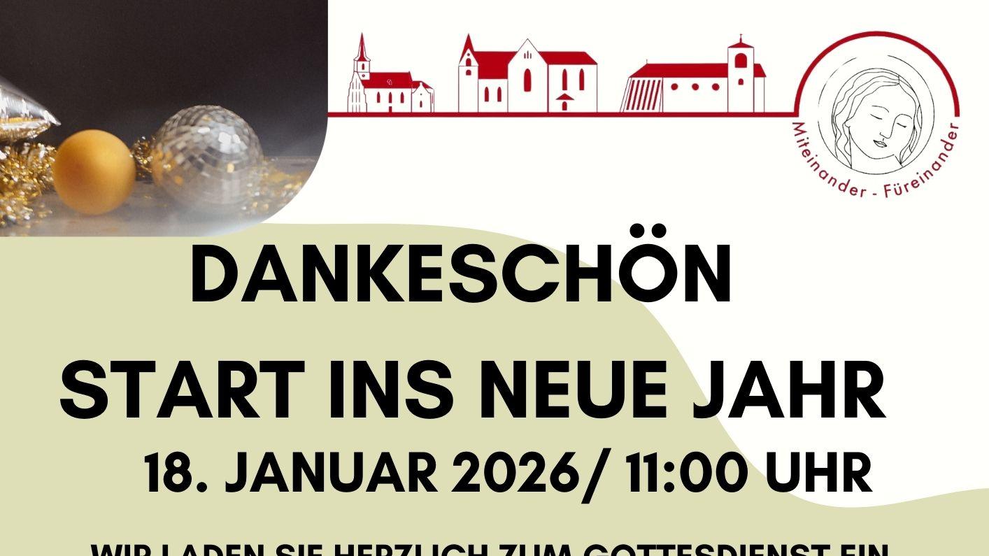 Das in beige-moosgrünen Tönen gestaltete Plakat zeigt neben den Grafiken der drei zur Pfarrei gehörenden Kirchen Weihnachtskugeln und die goldene Zahl 2026.