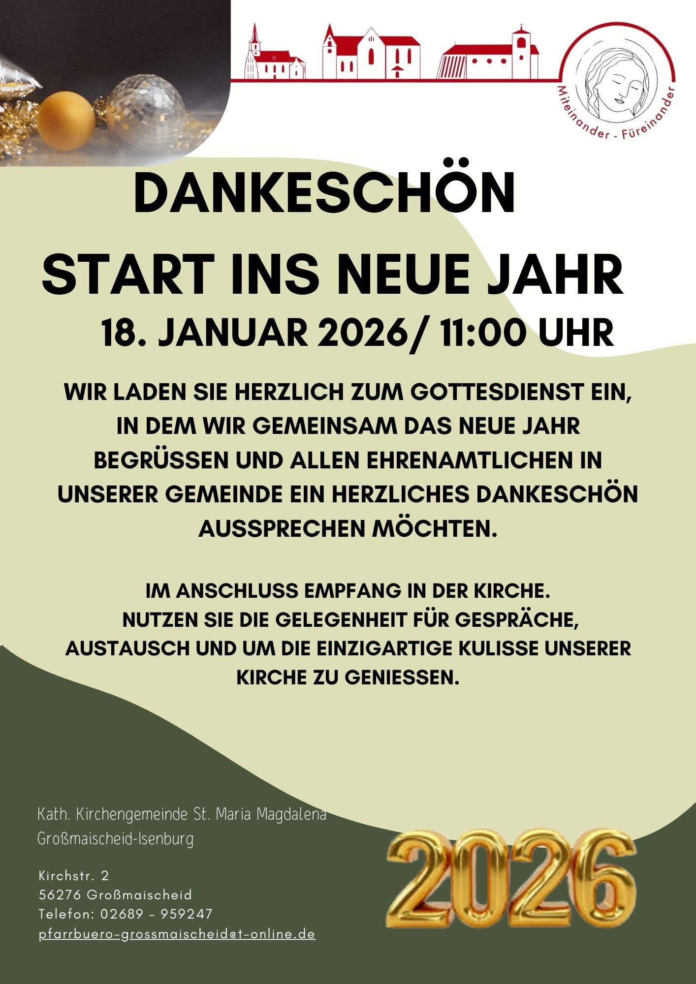 Das in beige-moosgrünen Tönen gestaltete Plakat zeigt neben den Grafiken der drei zur Pfarrei gehörenden Kirchen Weihnachtskugeln und die goldene Zahl 2026.