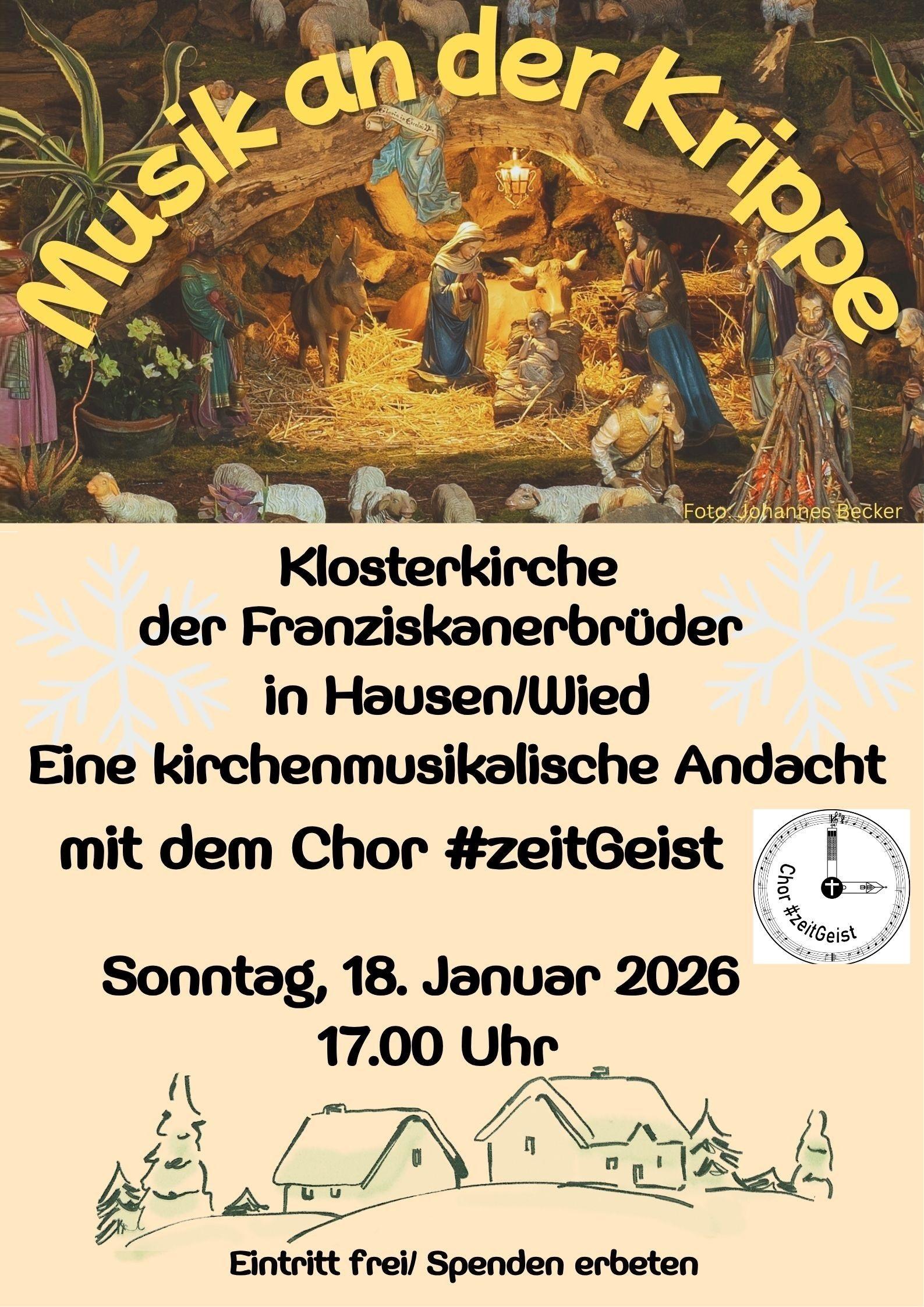 Das Bild im oberen Drittel des Plakates zeigt einen Ausschnitt der Weihnachtskrippe in Waldbreitbach. Das Plakat zeigt des Weiteren - auf beige-farbenen Hintergrund - neben den Informationen zur Veranstaltung im unteren Teil die Strichzeichnung zweier Häuser und Nadelbäume im Schnee.