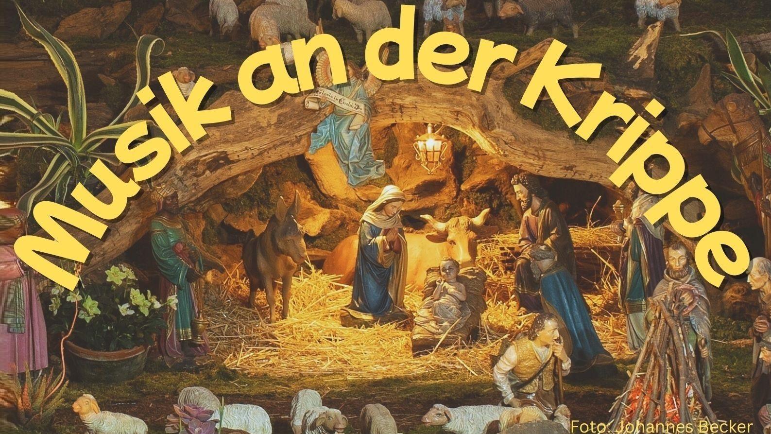 Das Bild im oberen Drittel des Plakates zeigt einen Ausschnitt der Weihnachtskrippe in Waldbreitbach. Das Plakat zeigt des Weiteren - auf beige-farbenen Hintergrund - neben den Informationen zur Veranstaltung im unteren Teil die Strichzeichnung zweier Häuser und Nadelbäume im Schnee.