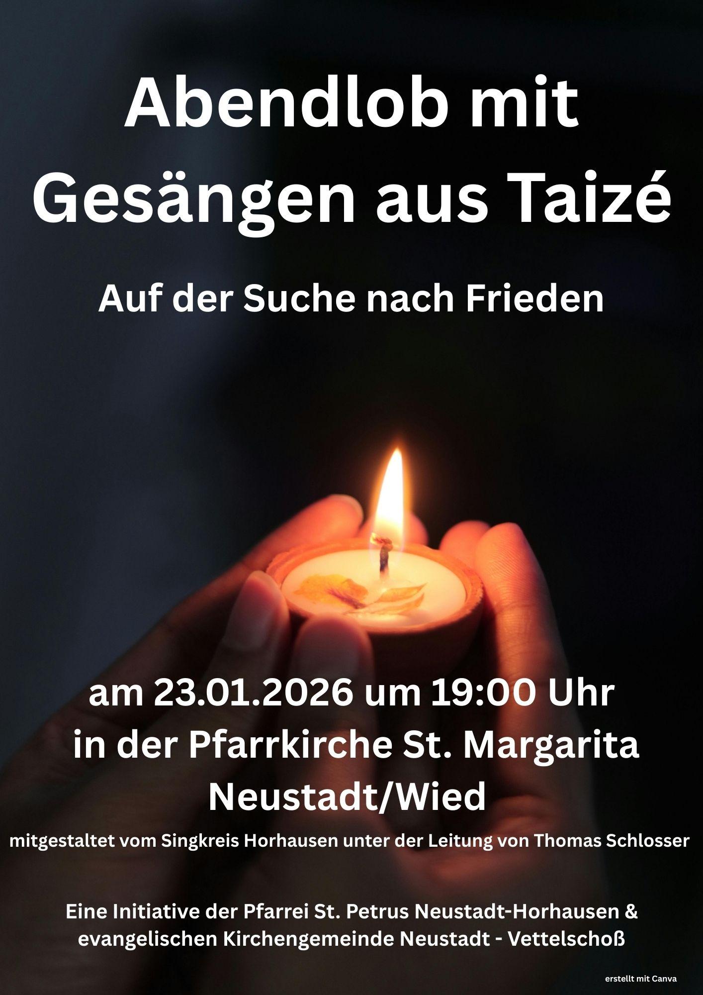 Zwei Hände, die ein brennendes Teelicht halten, bilden den Hintergrund des Plakates.