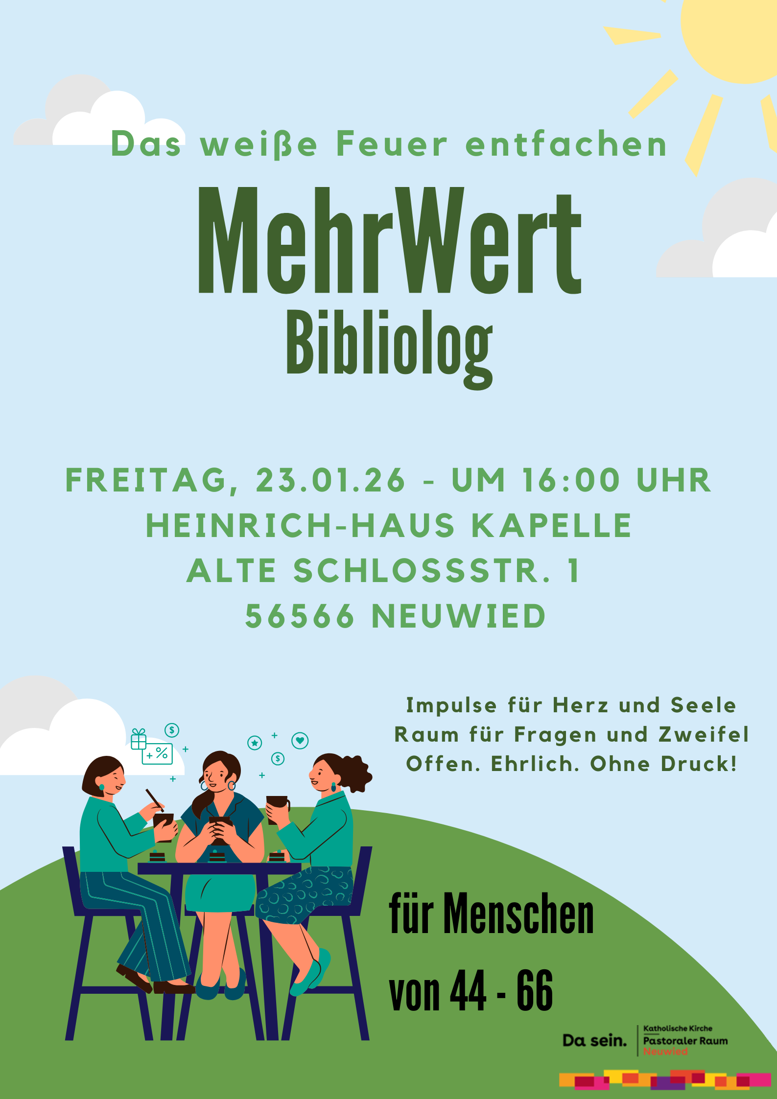 Den Hintergrund bildet eine Comicartige Zeichnung, die drei Frauen zeigt, die auf Hochstühlen bei strahlendem Sonnenschein an einem Tisch auf einer Wiese sitzen und sich unterhalten.