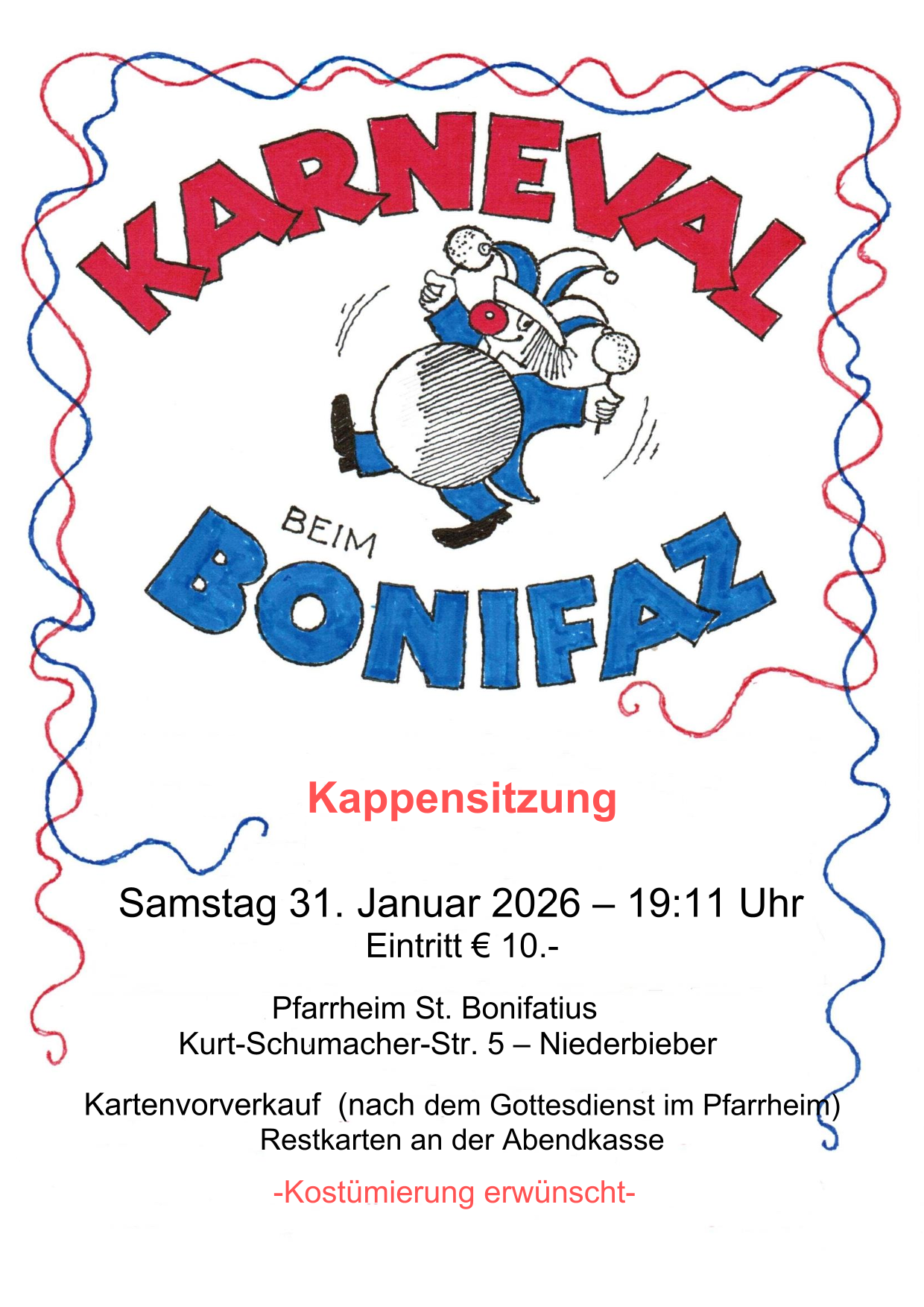 Das Plakat in blau-roten Farben auf weißem Untergrund zeigt neben gezeichneten Luftschlangen einen Clown, der auf die dicke Trommel haut.