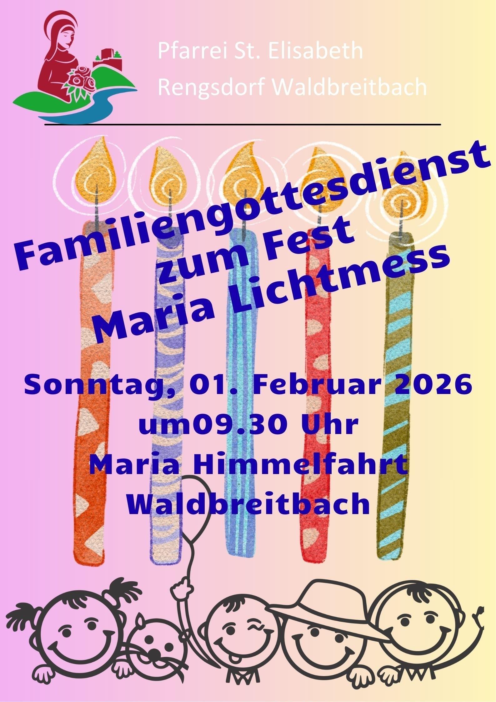 Das Plakat zeigt - neben dem Logo der Pfarrei - die graphische Gestaltung mit bunten, schlanken, brennenden Kerzen und im unteren Bereich Strichzeichnungen fröhlicher Kinderköpfe.