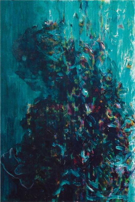 Bild aus bunten Farbstrichen auf türkisfarbenen Untergrund