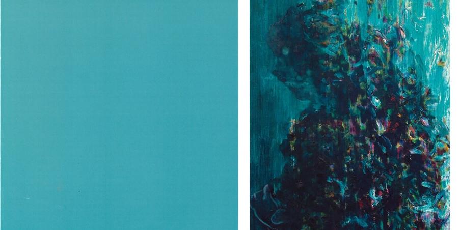ein türkisfarbenes Rechteck, daneben ein Bild aus bunten Farbstrichen auf türkisfarbenen Untergrund