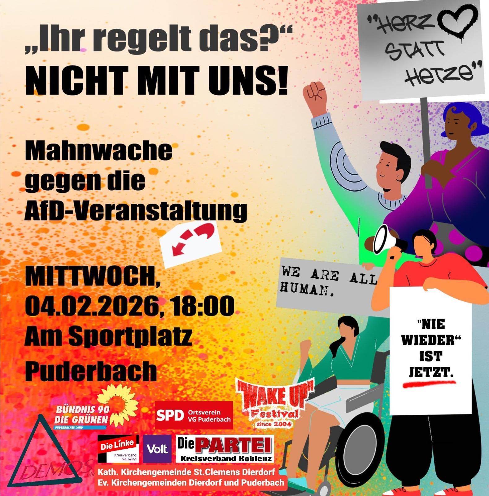 Auf dem bunten Plakat sind am rechten Bildrand comicartige Abbildungen von Menschen zu sehen, die unterschiedliche Plakate tragen. Eine Frau sitzt im Rollstuhl.