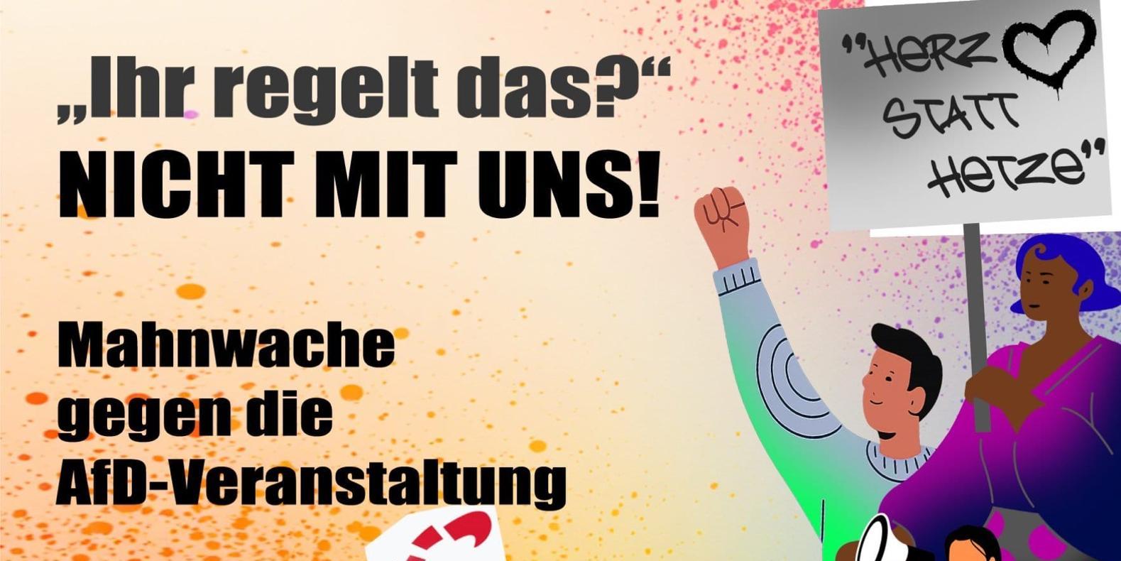 Auf dem bunten Plakat sind am rechten Bildrand comicartige Abbildungen von Menschen zu sehen, die unterschiedliche Plakate tragen. Eine Frau sitzt im Rollstuhl.
